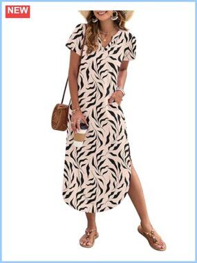 Women's Short Sleeve Maxi Dress with Pockets Notched V Neck Side Slit